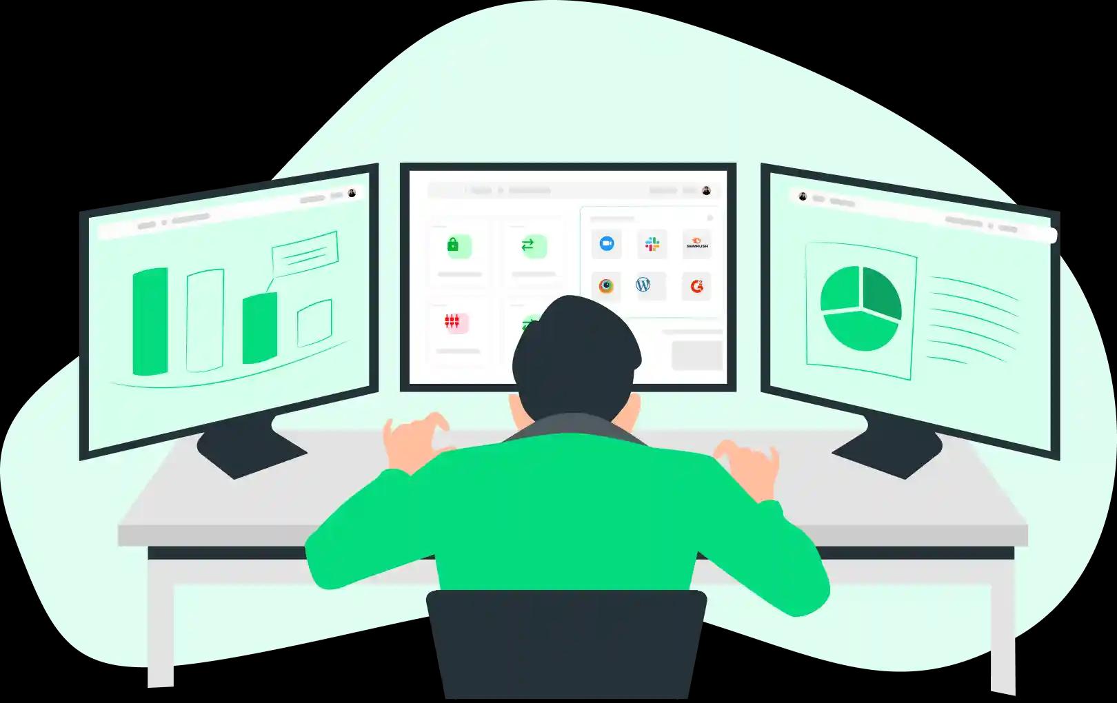 Illustration for 'Mitigata Console: Risk Monitoring' showing a person analysing data across three computer monitors, symbolising comprehensive cyber risk surveillance and analysis.