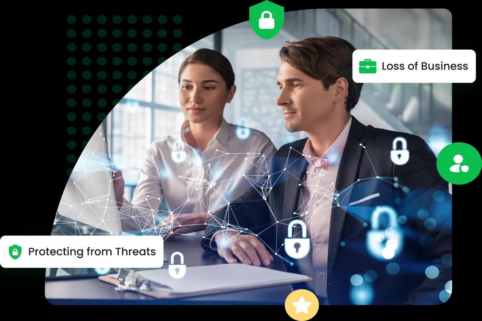 Professionals at work with digital security icons, highlighting Mitigata's corporate insurance protection